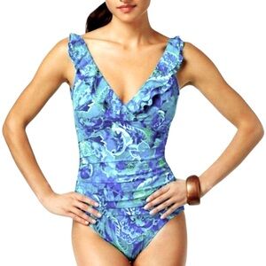 Lauren Ralph Lauren Tropical Floral Paisley One Piece Swimsuit Blue Green Sz 10